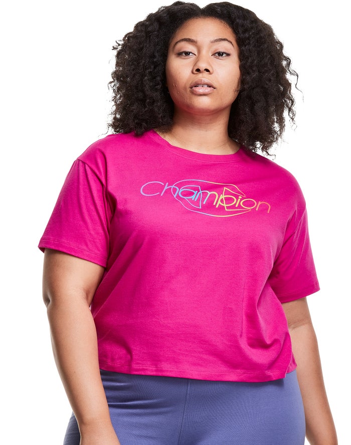 Champion Dame T-Shirts Lyserød - Plus Lightweight Cropped Rainbow Logo - Danmark CQA-672458